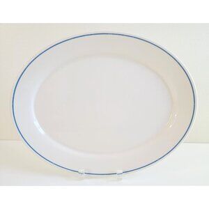 Vtg Corning Comcor Oval Serving Platter White W/ Blue Trim 12" Long Tableware